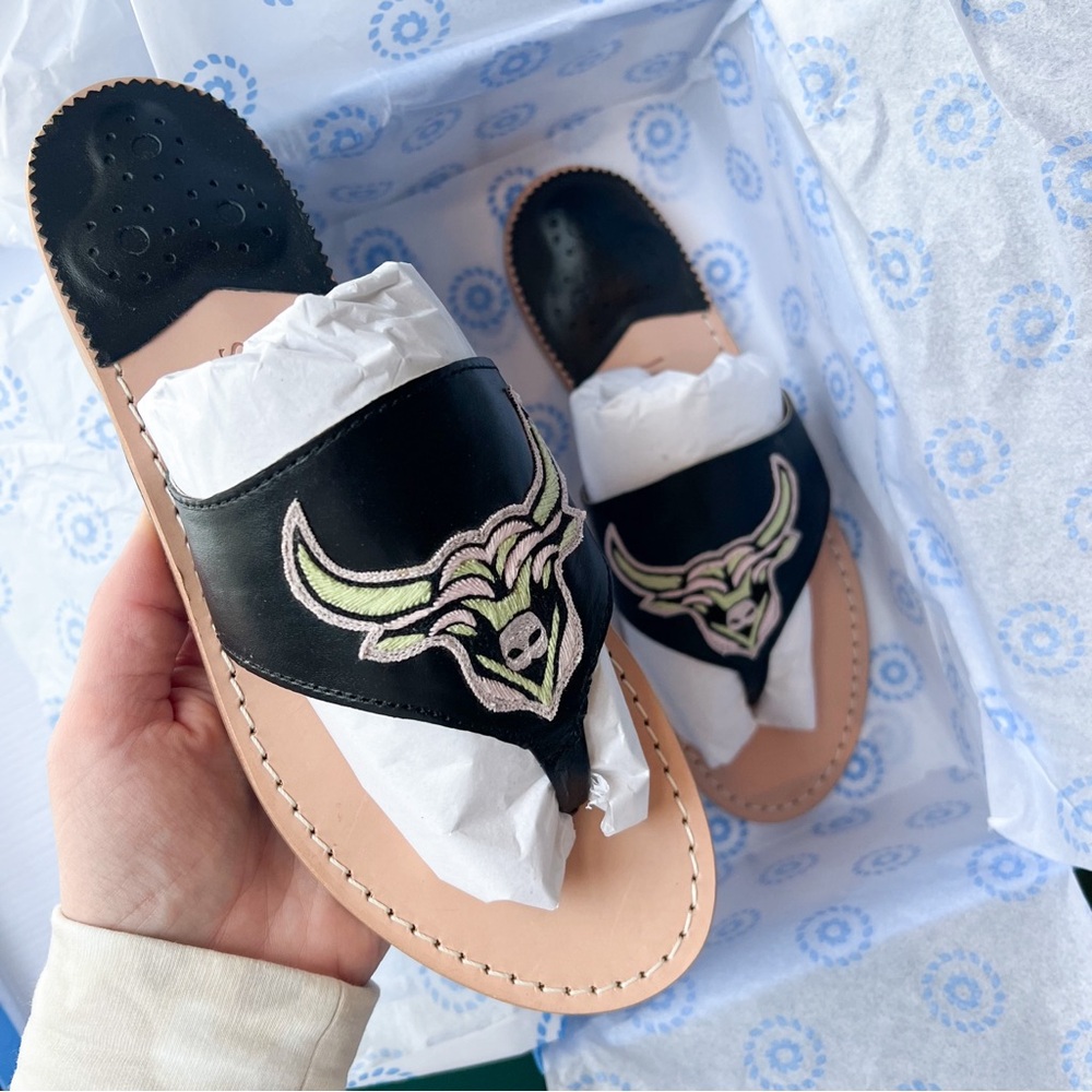 Jack Rogers Black Leather Slide Sandals with Pastel Embroidered Bull Motif